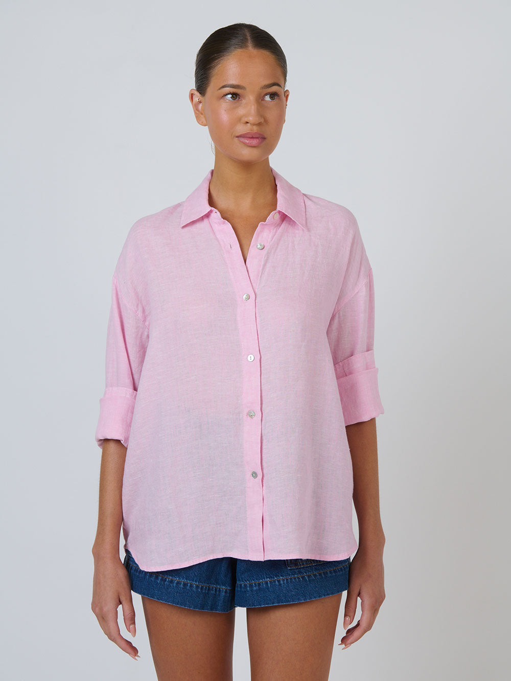 Linen Long Sleeve Shirt - BONBON PINK