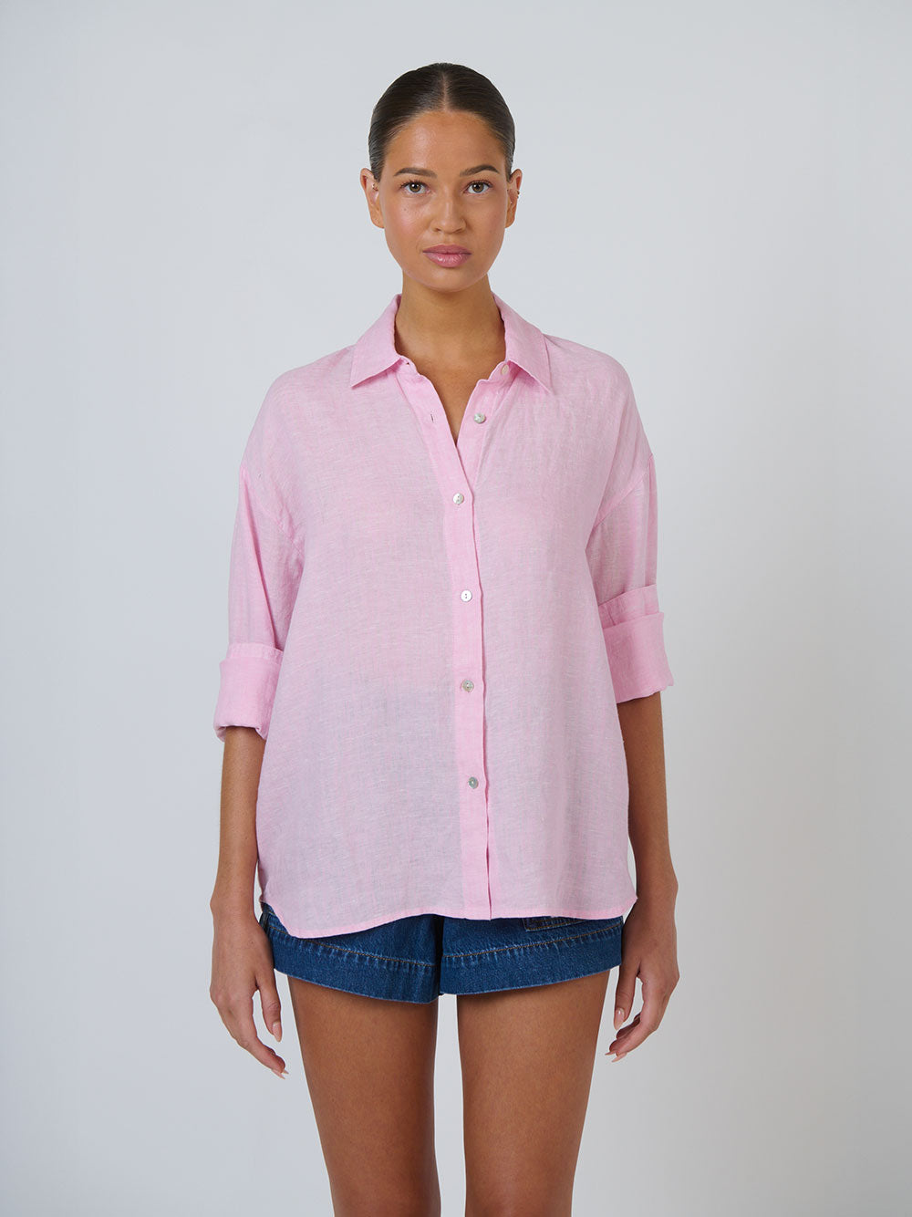 Linen Long Sleeve Shirt - BONBON PINK