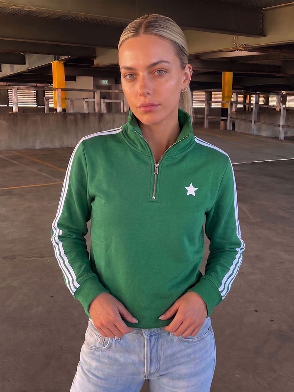 Arm Stripe Funnel Neck Sweatshirt - GREEN/WHITE