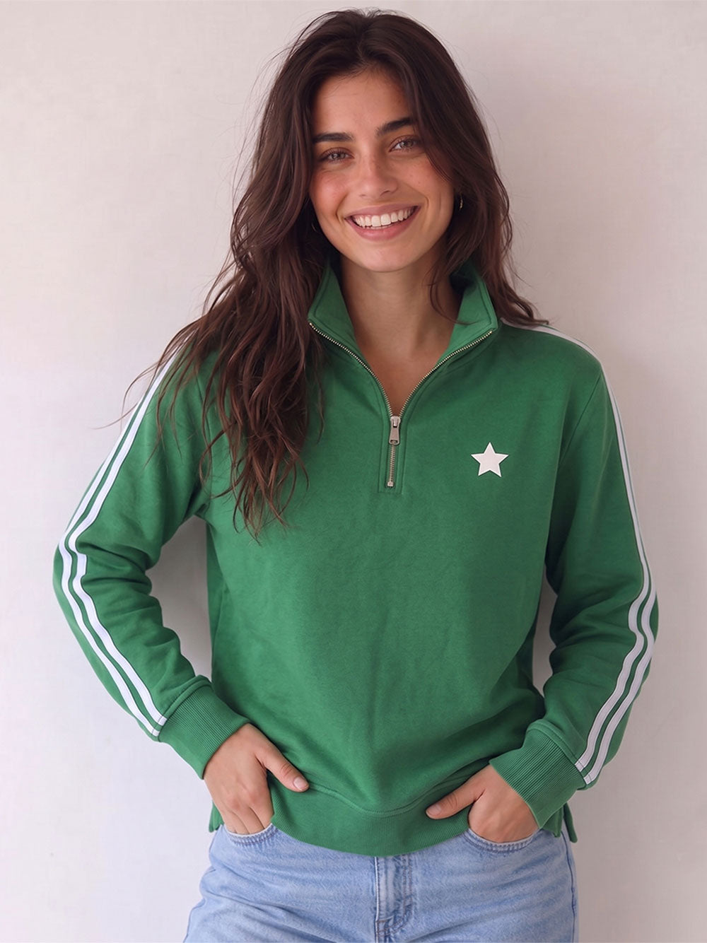 Arm Stripe Funnel Neck Sweatshirt - GREEN/WHITE