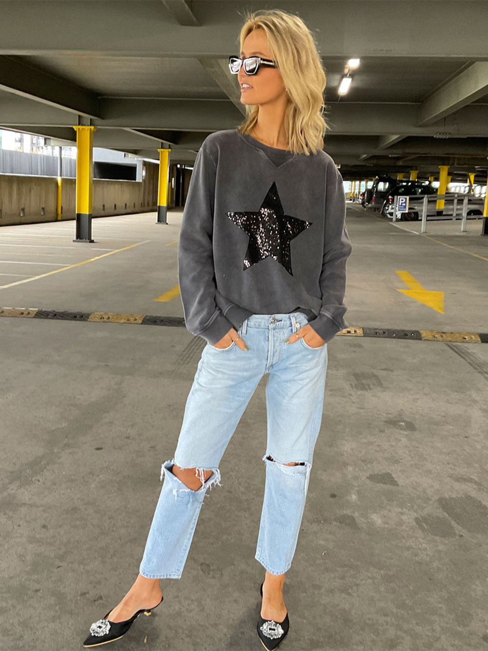 Sequin Star Sweat - CHARCOAL