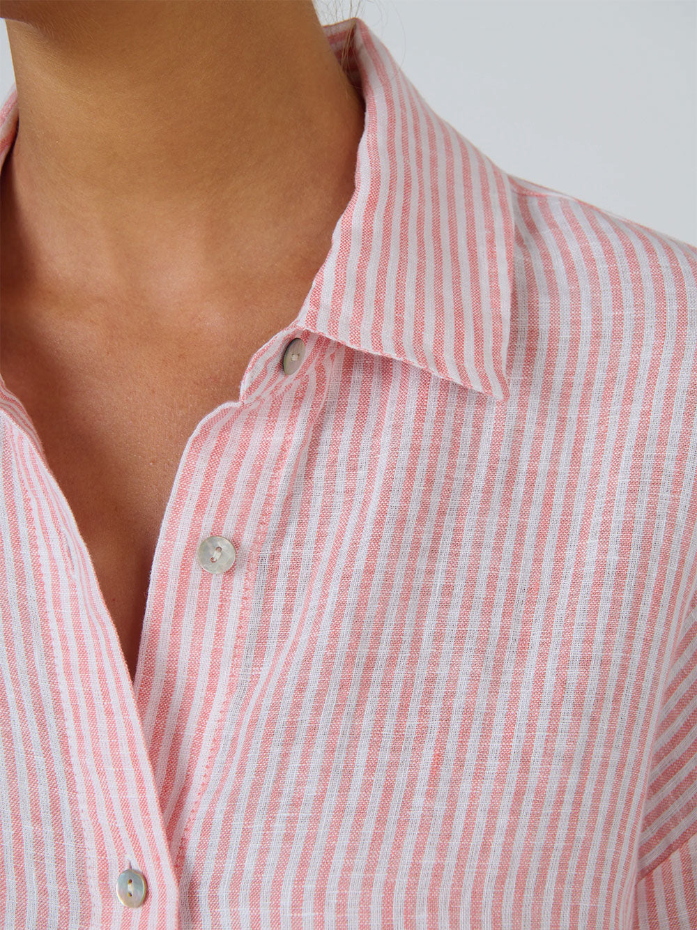 Linen Long Sleeve Shirt - STRIPE CORAIL