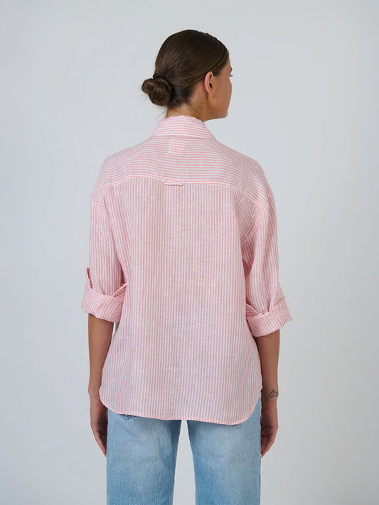 Linen Long Sleeve Shirt - STRIPE CORAIL