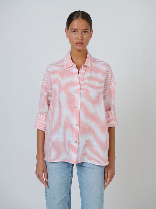 Linen Long Sleeve Shirt - STRIPE CORAIL
