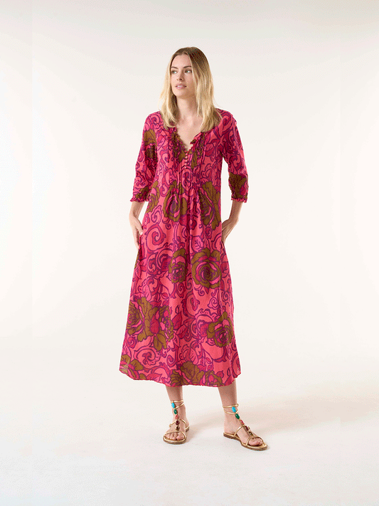 Long Poppy Cotton Dress - SAN SEBASTIAN HOT CORAL