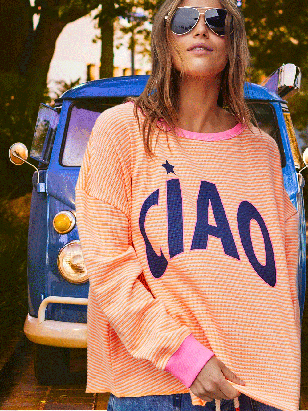 Ciao Stripe Waffle Top - ORANGE