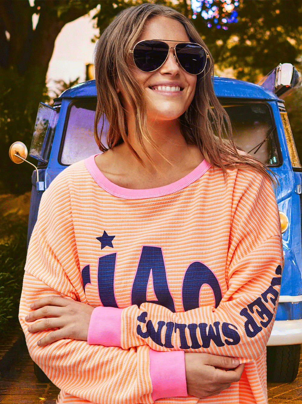 Ciao Stripe Waffle Top - ORANGE