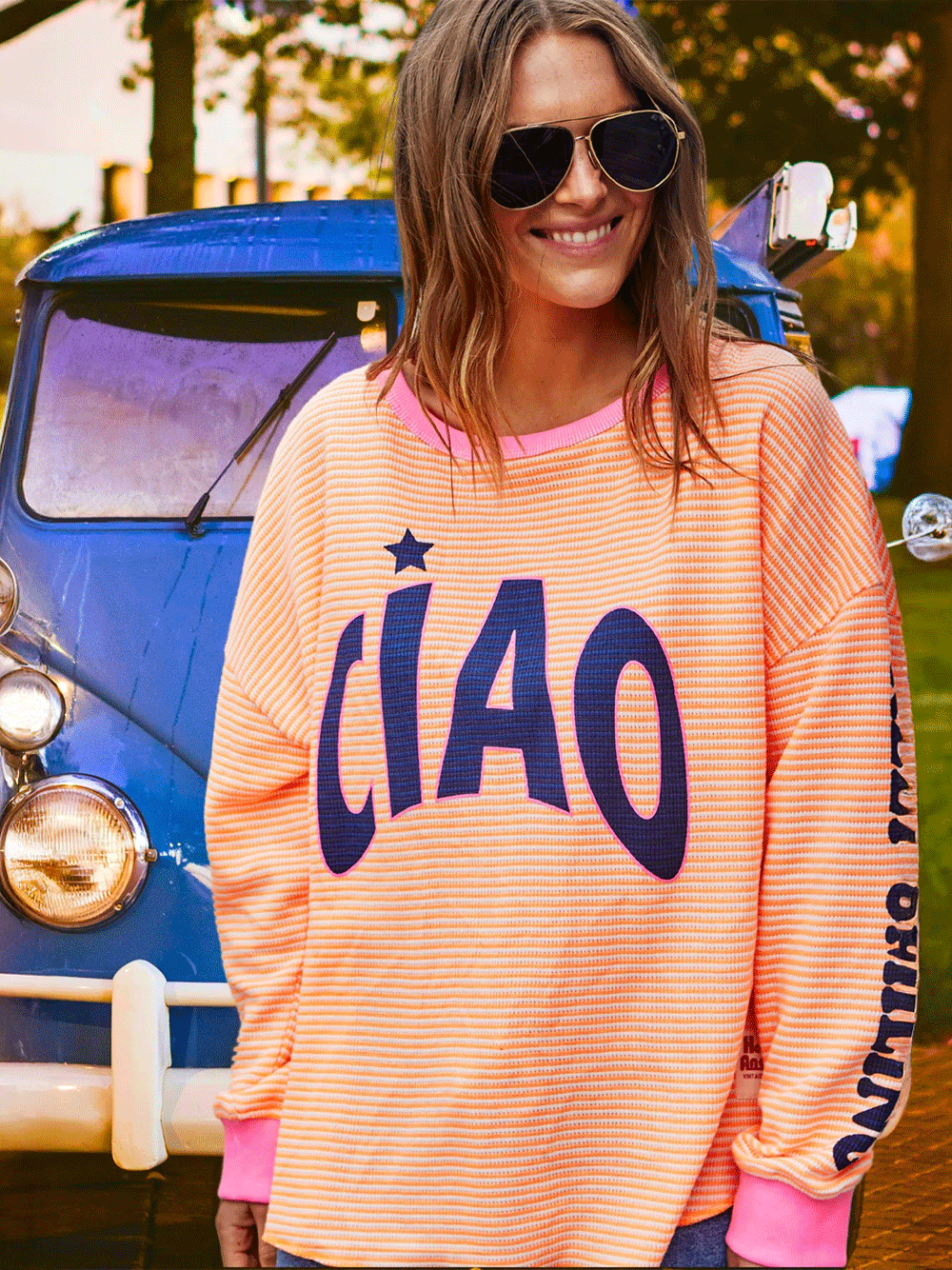 Ciao Stripe Waffle Top - ORANGE
