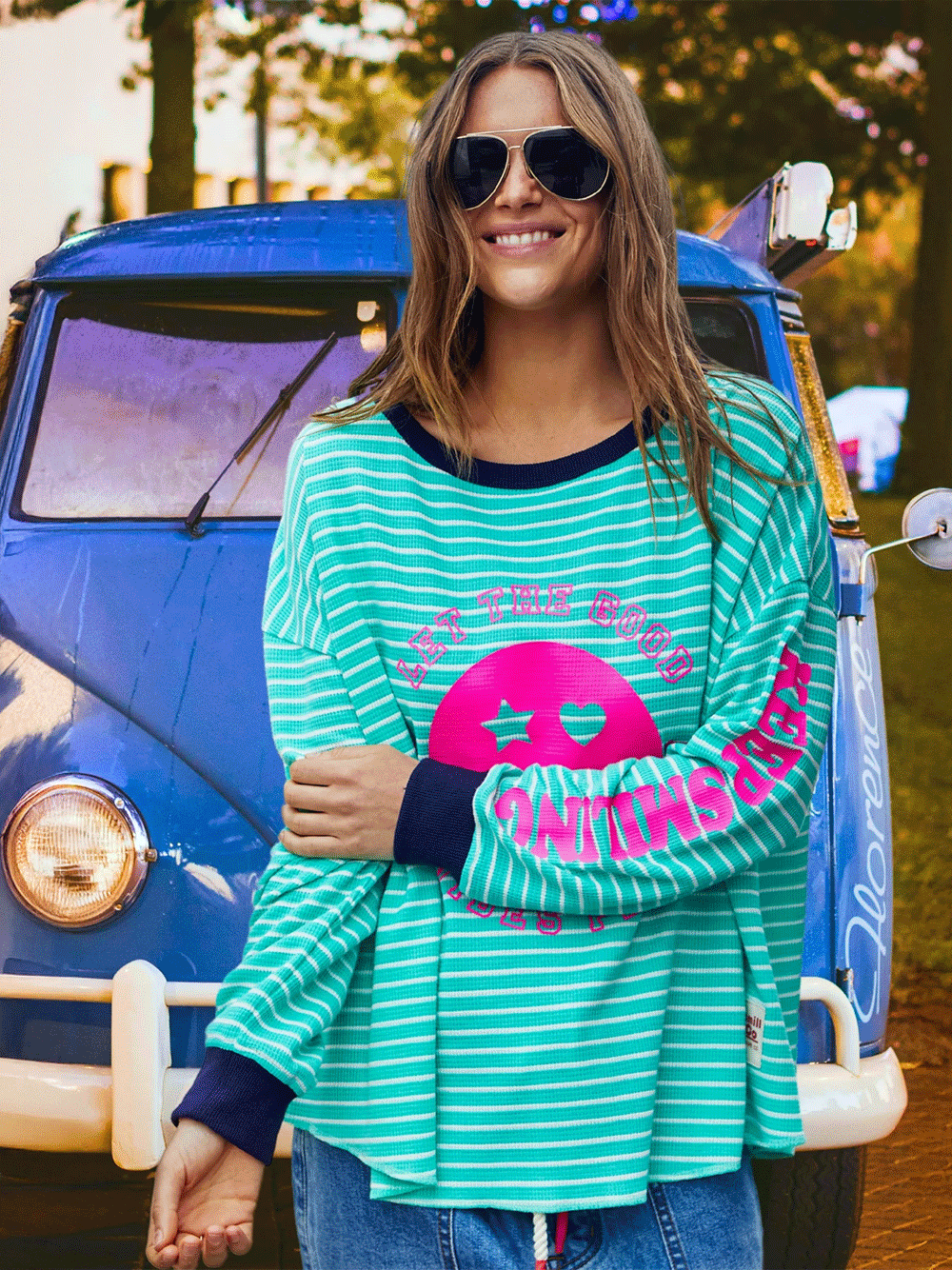 Smiley Stripe Waffle Top - JADE