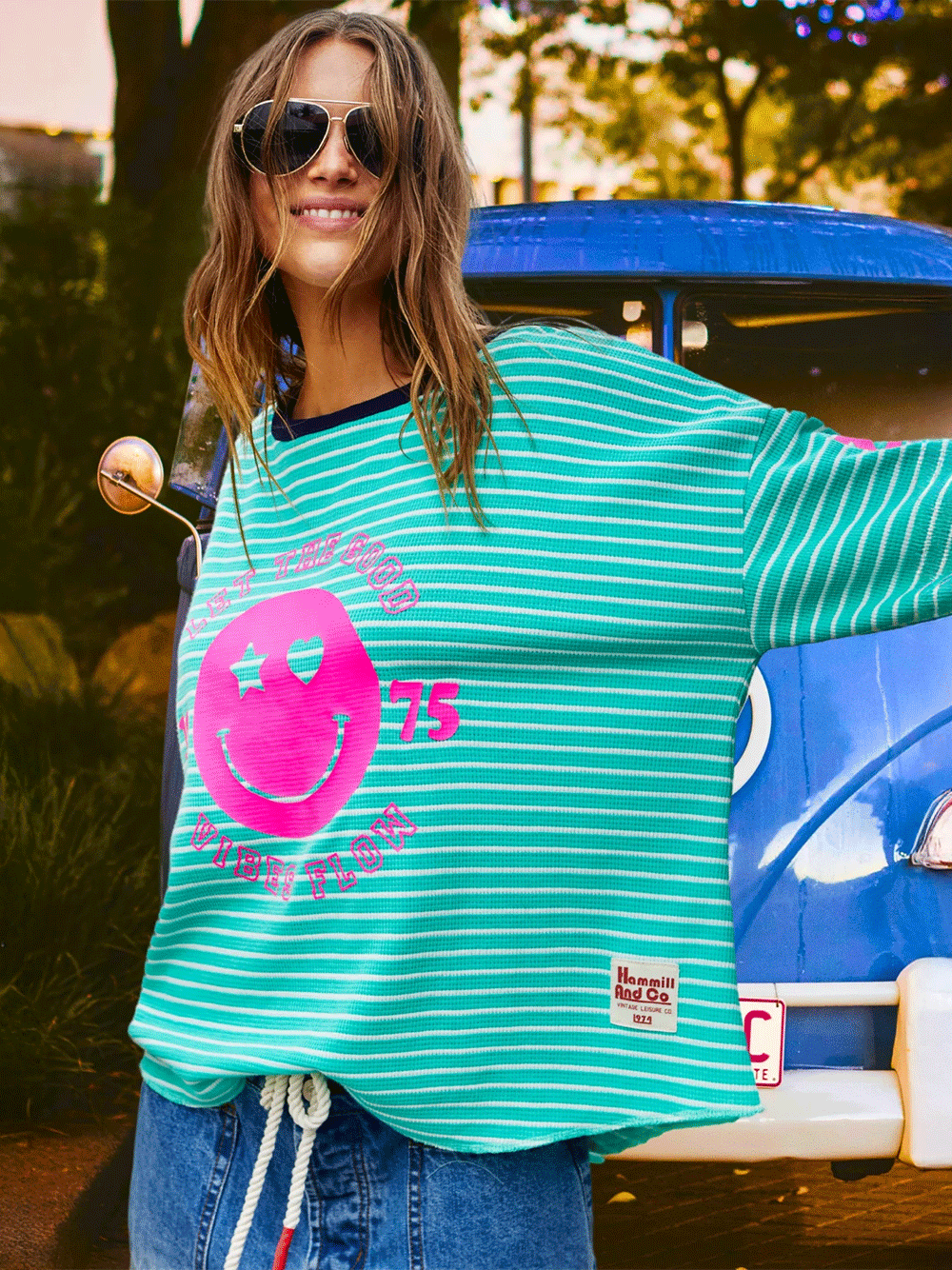 Smiley Stripe Waffle Top - JADE