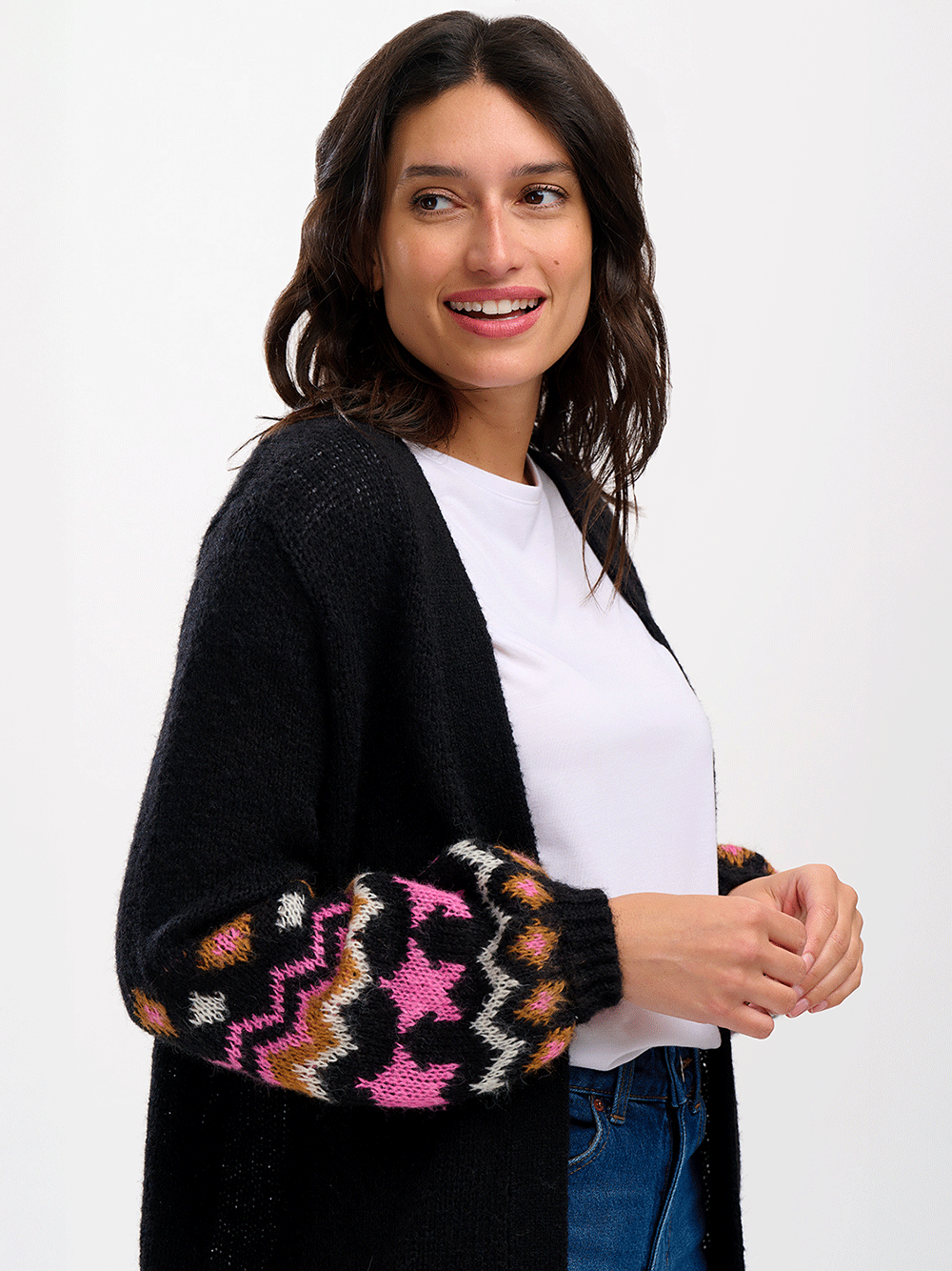 Yvette Cardigan - BLACK WITH FAIRISLE