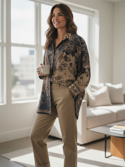 Abruzzo Silk Print Button Shirt - BLUE