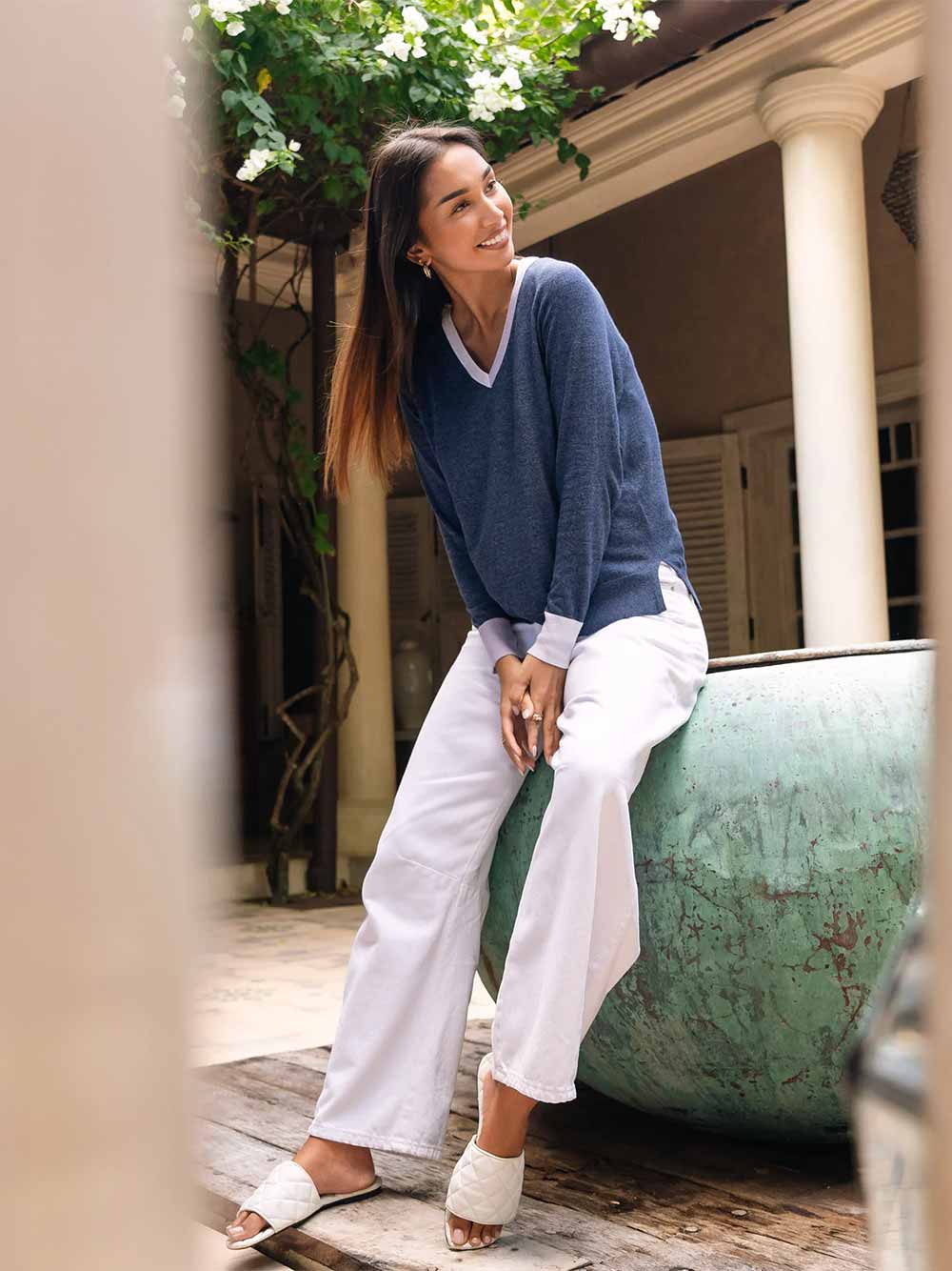 V Accent Lightweight Knit Top - DENIM