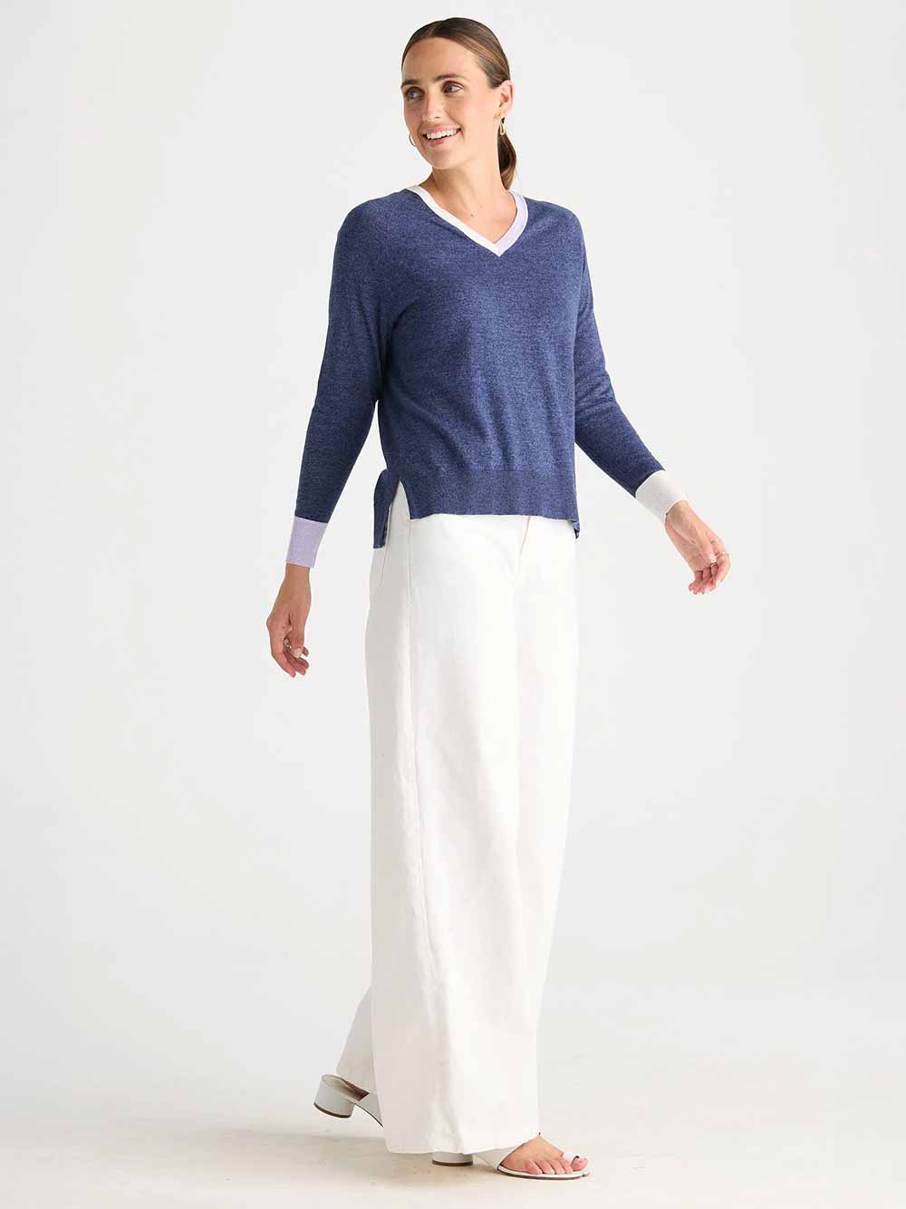 V Accent Lightweight Knit Top - DENIM
