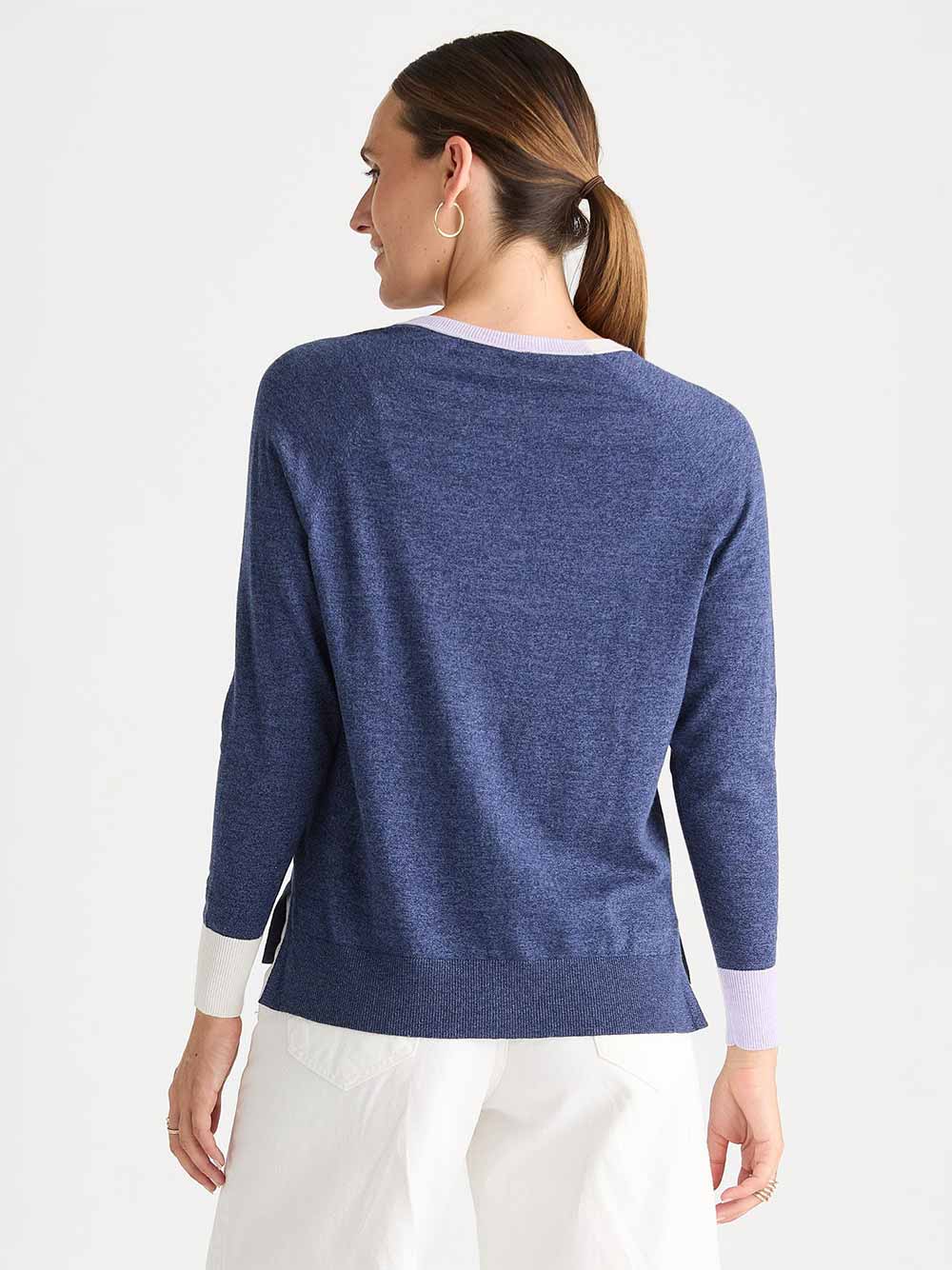 V Accent Lightweight Knit Top - DENIM