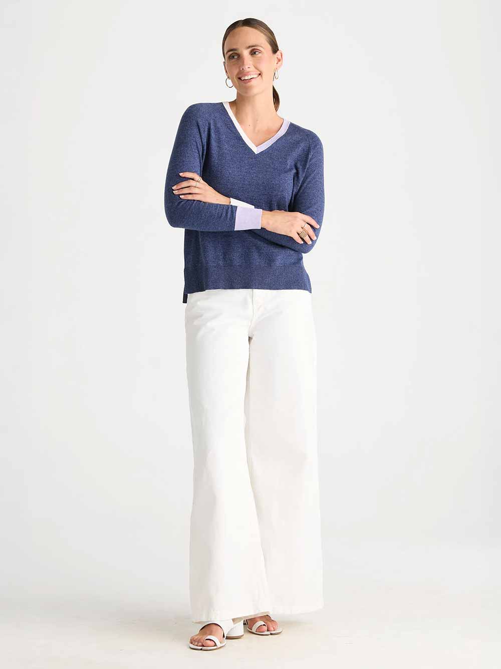 V Accent Lightweight Knit Top - DENIM