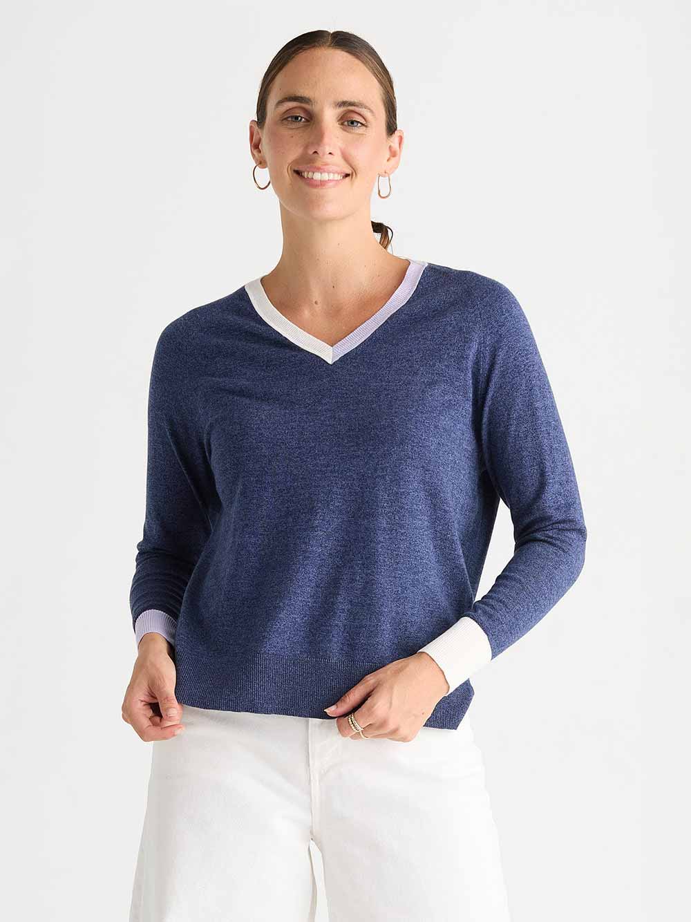 V Accent Lightweight Knit Top - DENIM