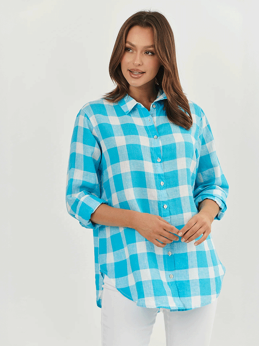 Linen Boyfriend Shirt - TURQUOISE PLAID