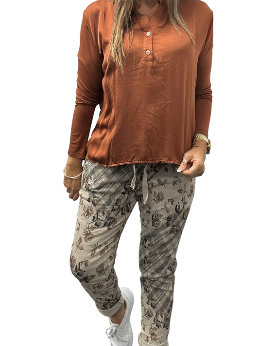 Corduroy Floral Pants - BEIGE