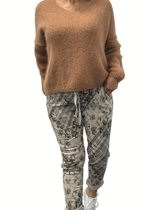 Corduroy Floral Pants - BEIGE
