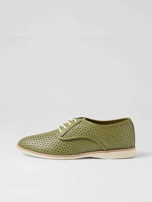 Derby Punch Overlay Shoes - OLIVE & SILVER