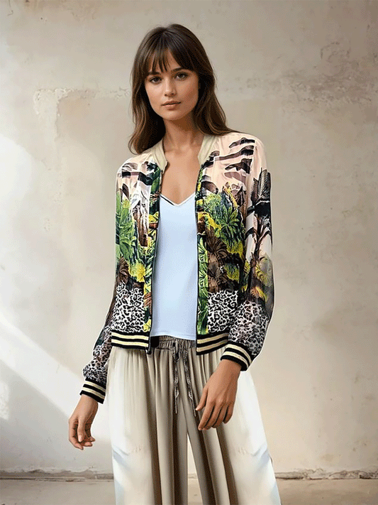 Dolci Silk Bomber - PALM PRINT CREAM