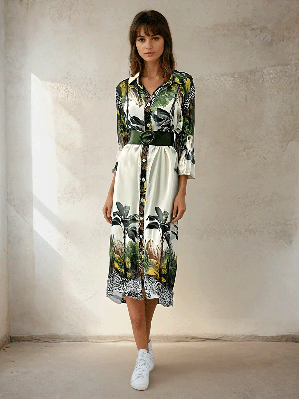 Dolci Silk Dress - PALM PRINT CREAM