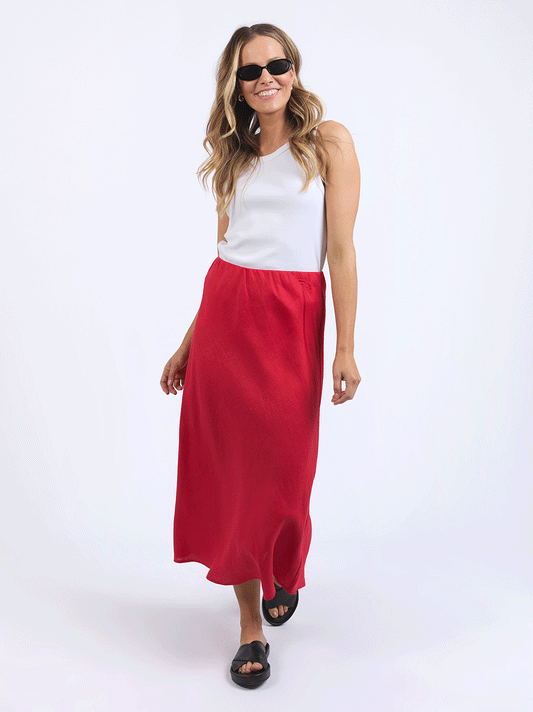 Eleni Linen Midi Skirt - RED