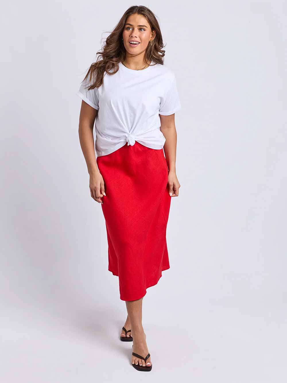 Eleni Linen Midi Skirt - RED