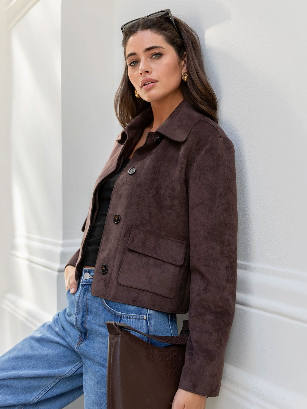 Exhibit Chocolate Faux Suede Button Front Cropped Jacket