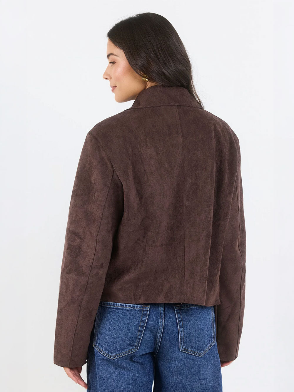Exhibit Chocolate Faux Suede Button Front Cropped Jacket