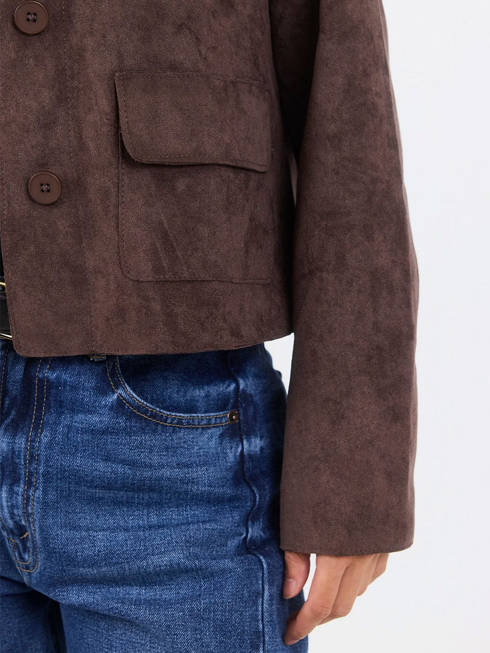 Exhibit Chocolate Faux Suede Button Front Cropped Jacket