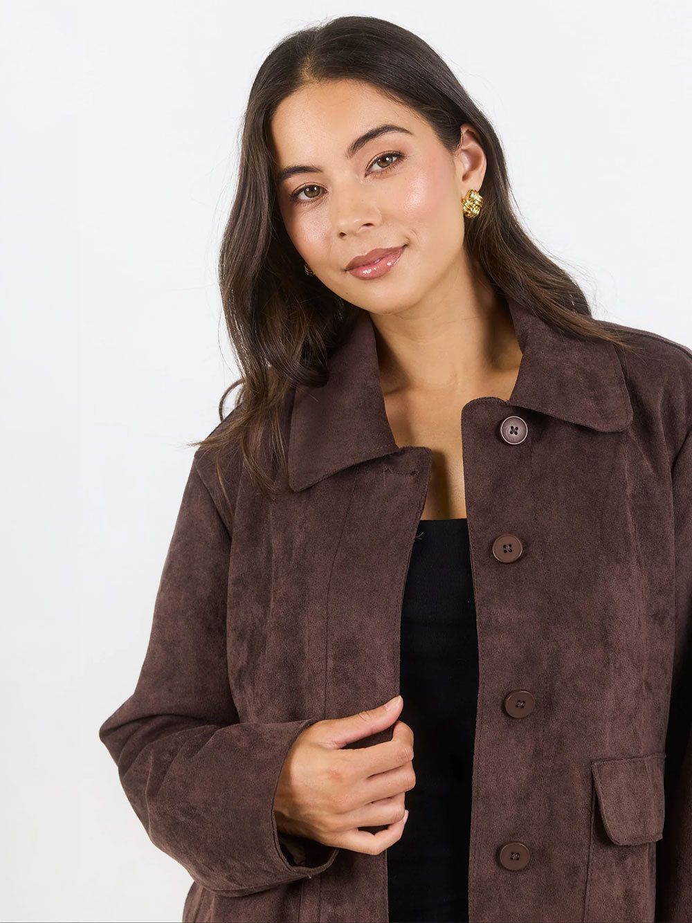 Exhibit Chocolate Faux Suede Button Front Cropped Jacket