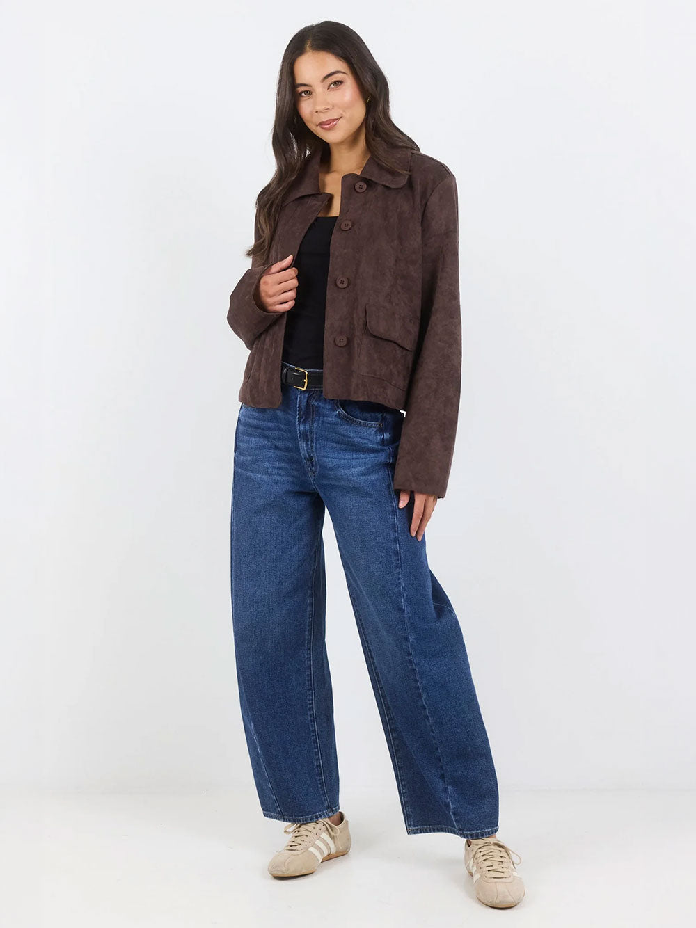 Exhibit Chocolate Faux Suede Button Front Cropped Jacket