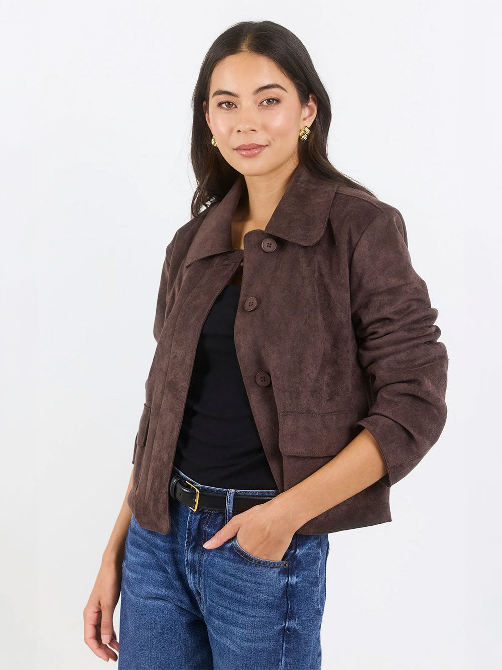 Exhibit Chocolate Faux Suede Button Front Cropped Jacket