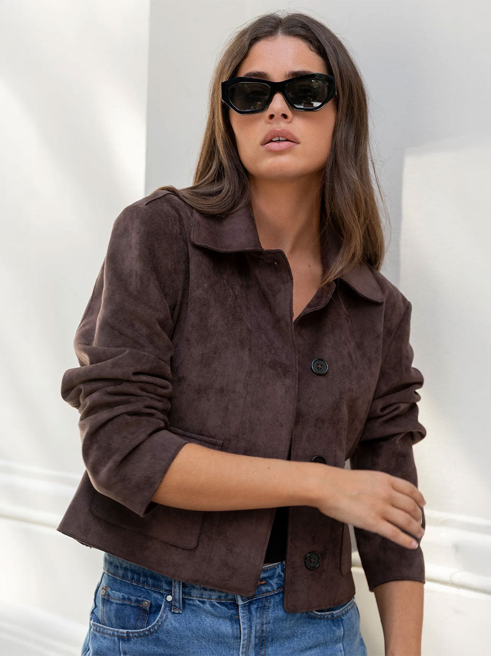 Exhibit Chocolate Faux Suede Button Front Cropped Jacket