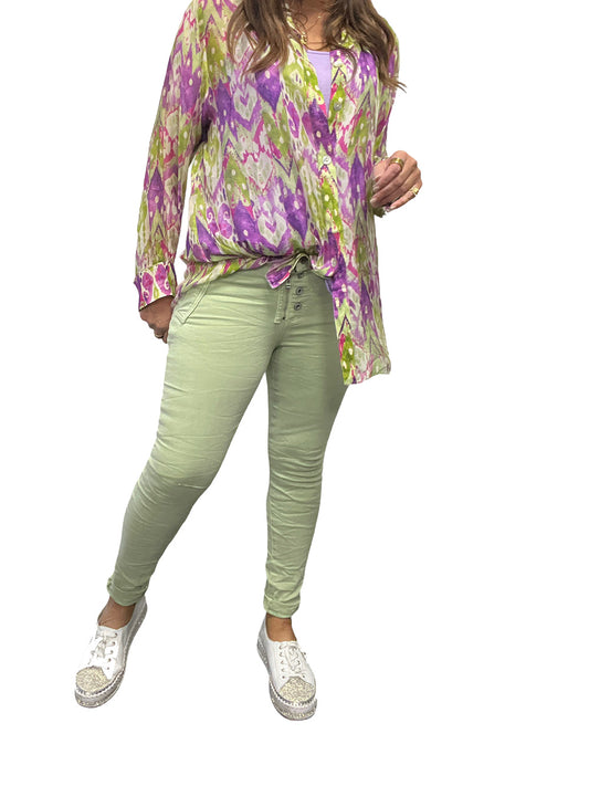 Portofino Button Zip Jeans - LIGHT FERN