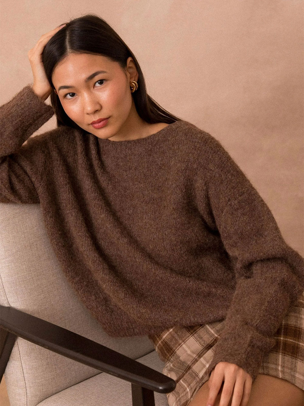 Jackie Crew Neck Knit Sweater - NOISETTE