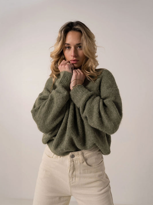 Jackie Crew Neck Knit Sweater - OLIVE