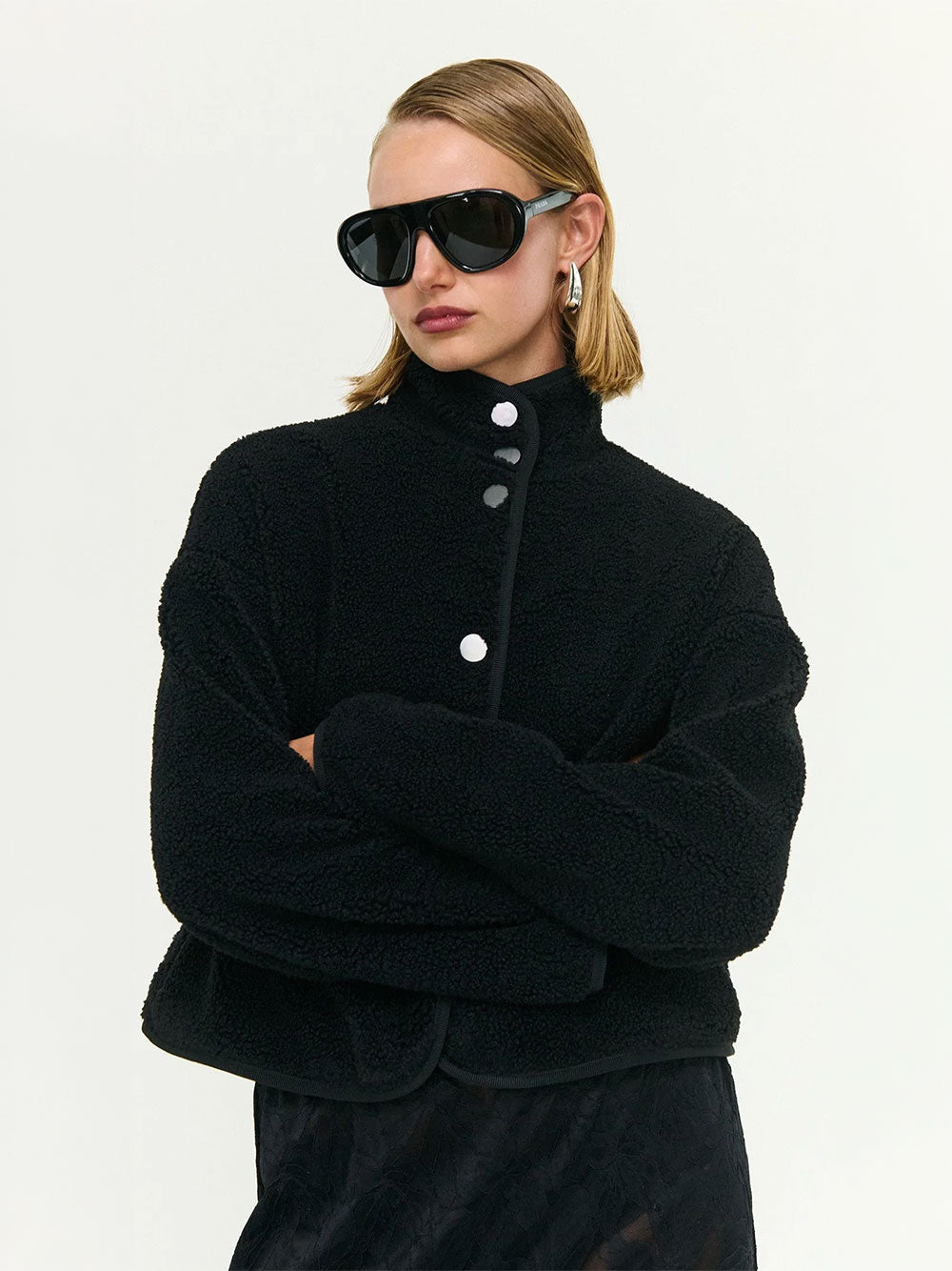 Katya Crop Sherpa Jacket - BLACK