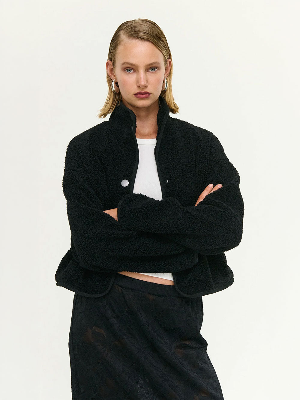 Katya Crop Sherpa Jacket - BLACK