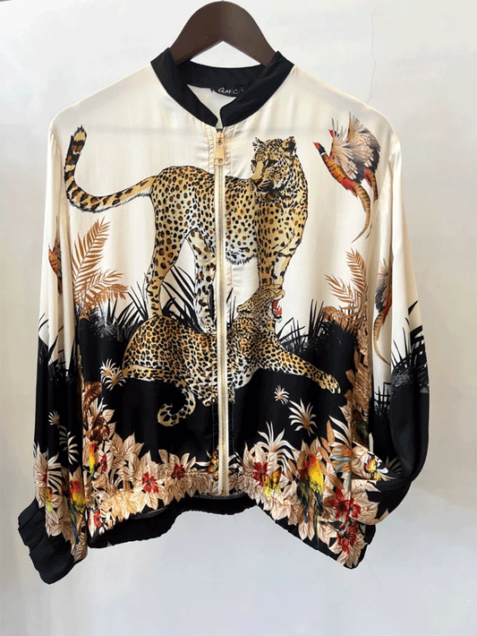 Silk Blend Leopard Bomber - BLACK/CREAM