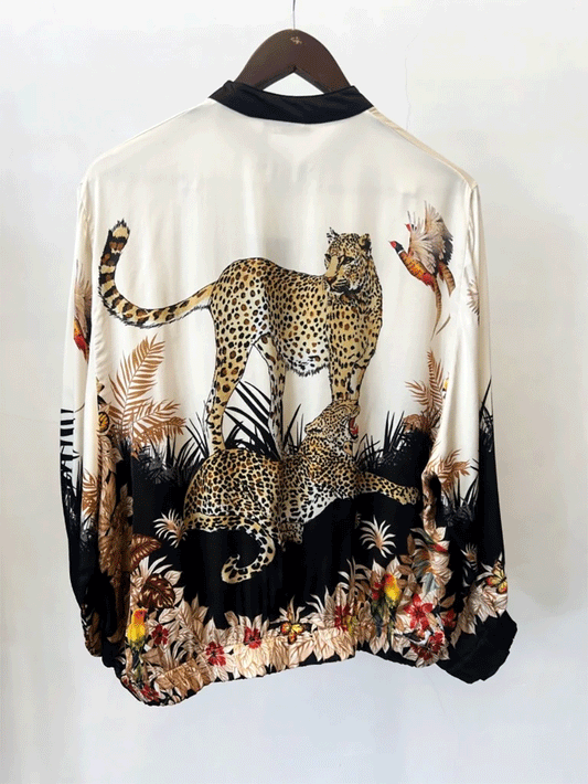 Silk Blend Leopard Bomber - BLACK/CREAM