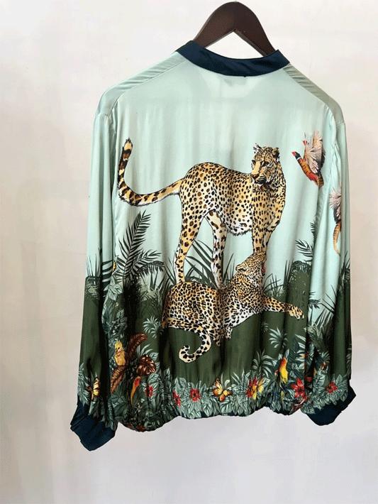 Silk Blend Leopard Bomber - GREEN