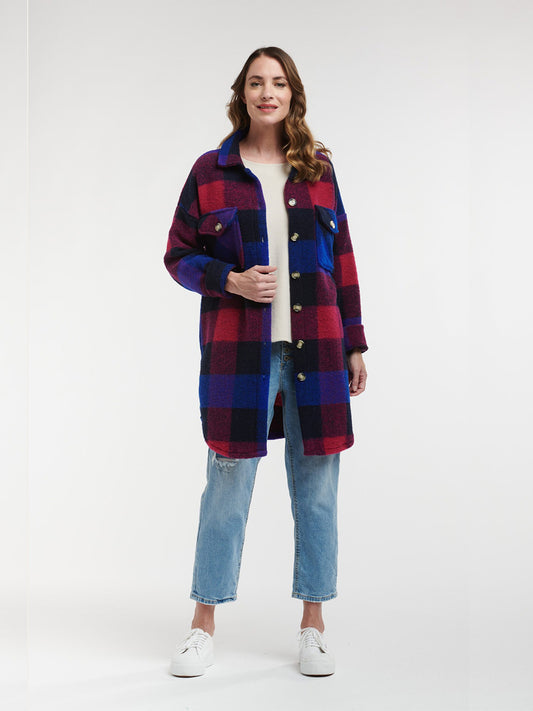 Plaid Long Jacket - COBALT/FUCHSIA