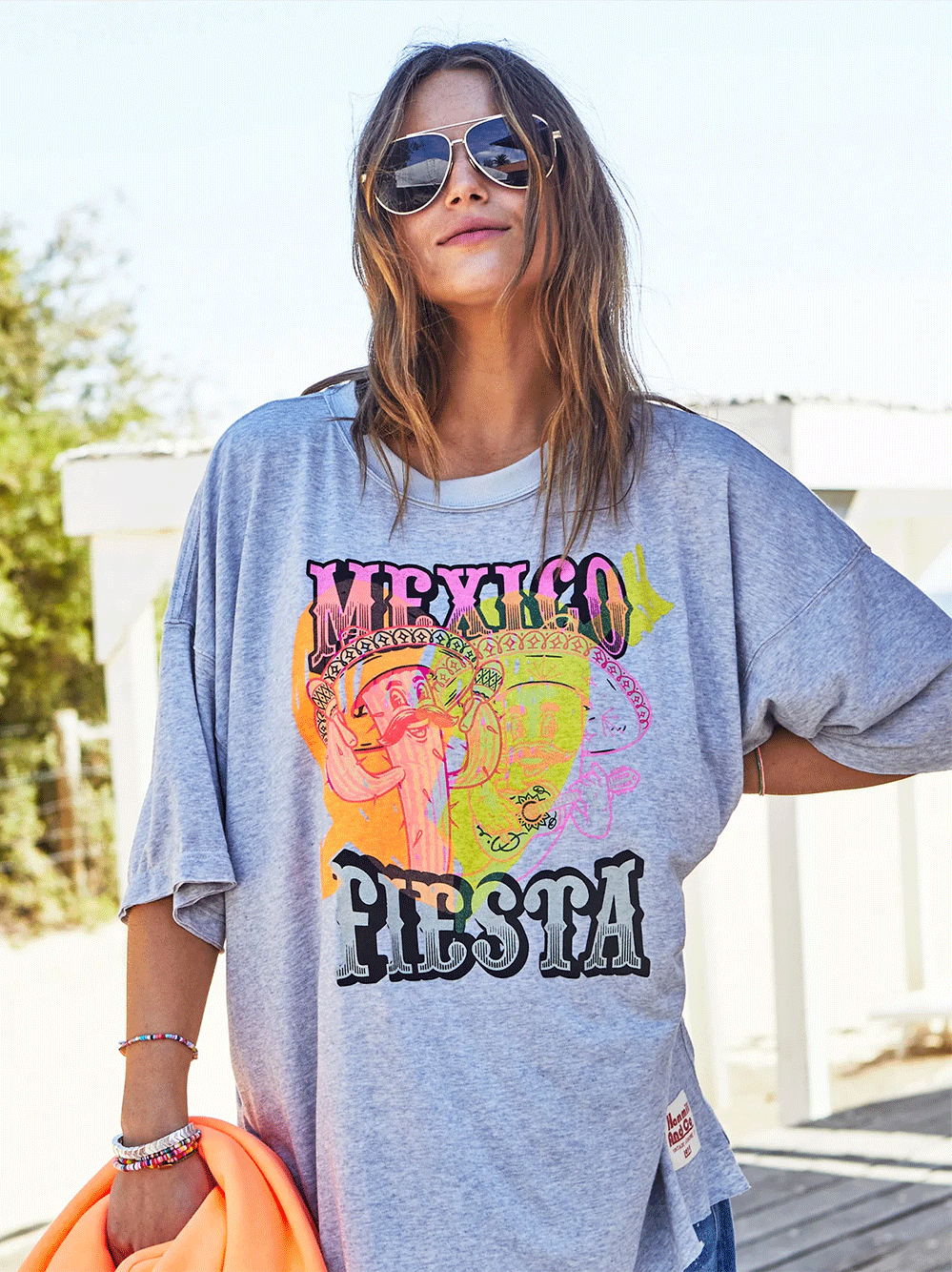Mexican Fiesta Oversized Tee - LIGHT GREY MARLE