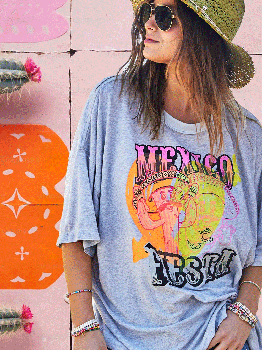 Mexican Fiesta Oversized Tee - LIGHT GREY MARLE