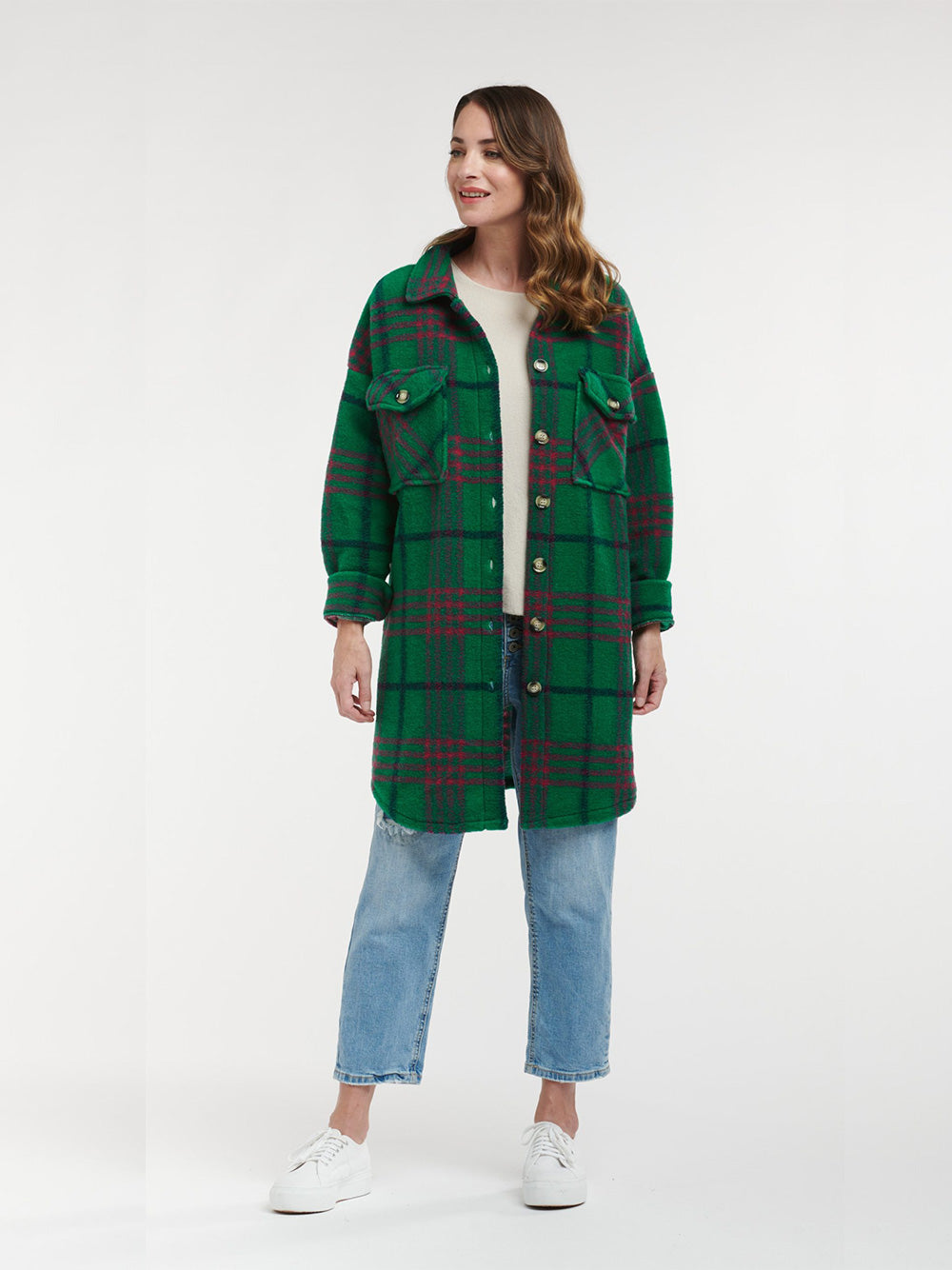 Plaid Long Jacket - EMERALD/BLUE/PINK
