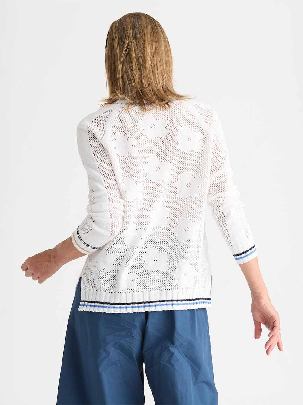 Floral Pointelle Vee Sweater - WHITE