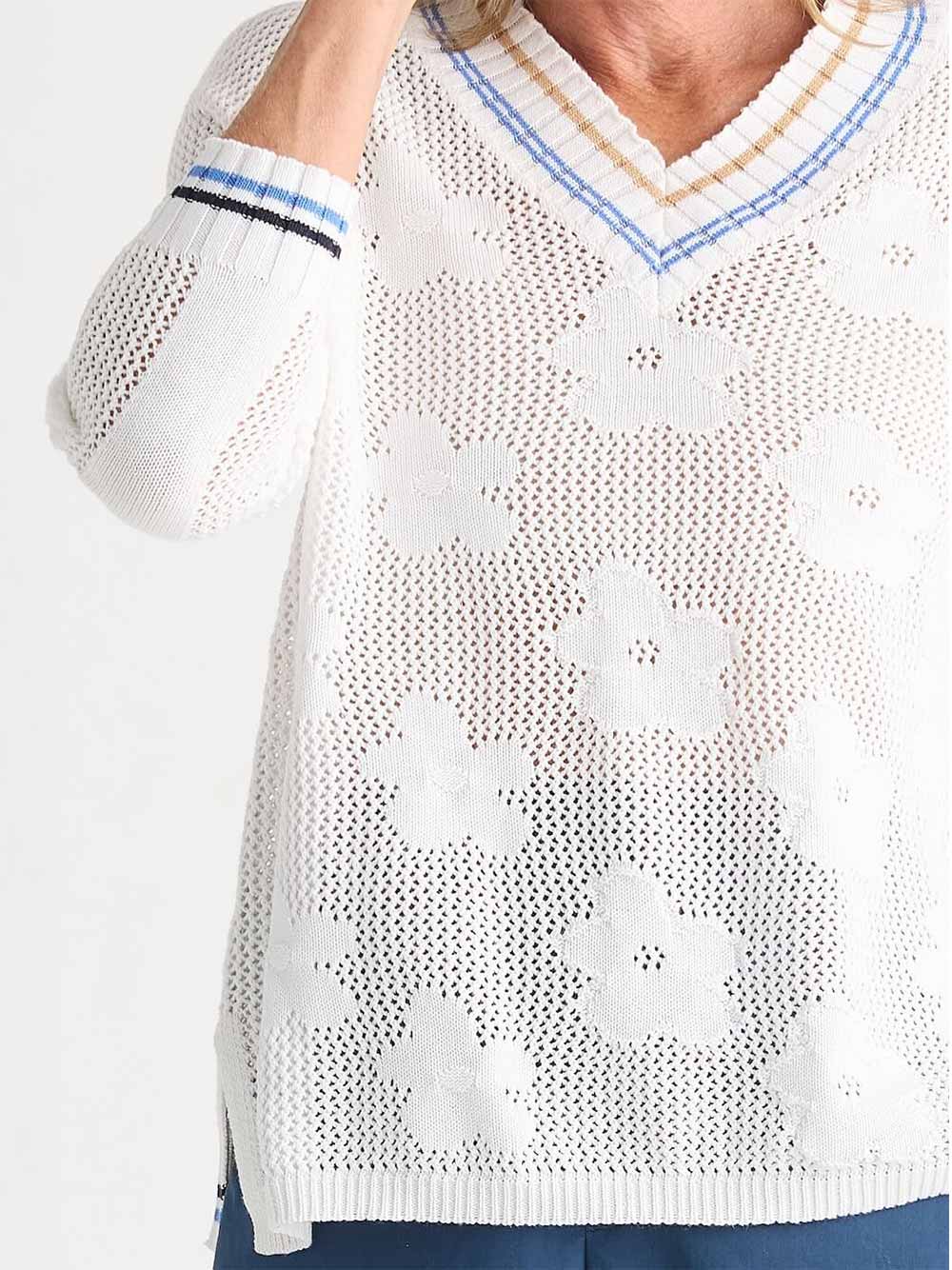 Floral Pointelle Vee Sweater - WHITE